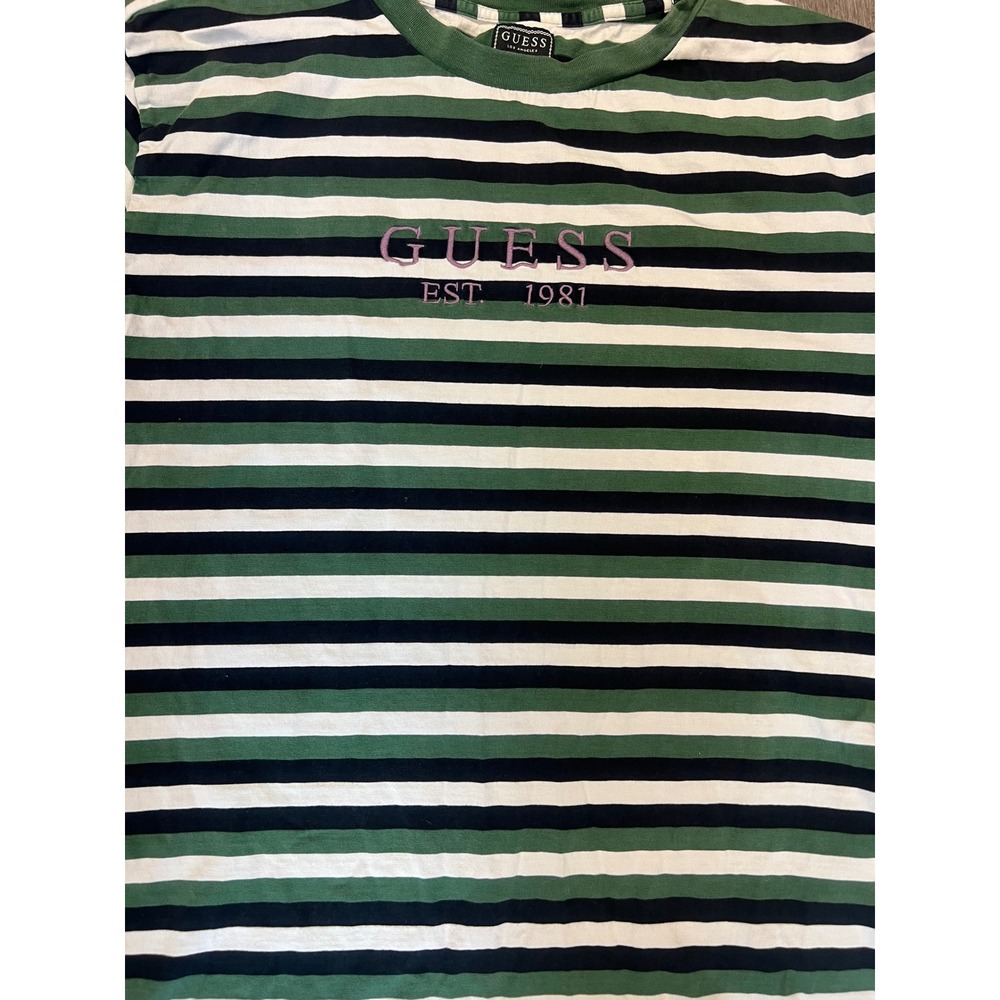 Guess Mens Striped Logo T-Shirt Green Navy White Embroidered Est 1981 Large‎